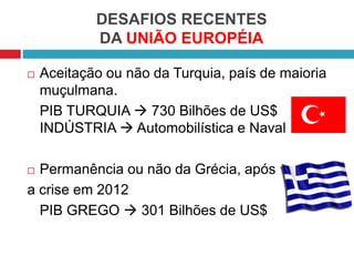 DESAFIOS RECENTES
DA UNIÃO EUROPÉIA
 Aceitação ou não da Turquia, país de maioria
muçulmana.
PIB TURQUIA  730 Bilhões de US$
INDÚSTRIA  Automobilística e Naval
 Permanência ou não da Grécia, após
a crise em 2012
PIB GREGO  301 Bilhões de US$
 