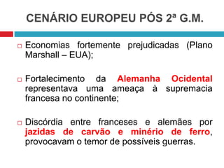 CENÁRIO EUROPEU PÓS 2ª G.M.
 Economias fortemente prejudicadas (Plano
Marshall – EUA);
 Fortalecimento da Alemanha Ocidental
representava uma ameaça à supremacia
francesa no continente;
 Discórdia entre franceses e alemães por
jazidas de carvão e minério de ferro,
provocavam o temor de possíveis guerras.
 