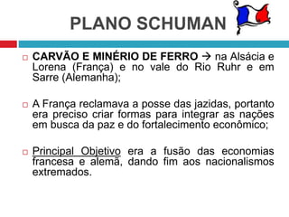 PLANO SCHUMAN
 CARVÃO E MINÉRIO DE FERRO  na Alsácia e
Lorena (França) e no vale do Rio Ruhr e em
Sarre (Alemanha);
 A França reclamava a posse das jazidas, portanto
era preciso criar formas para integrar as nações
em busca da paz e do fortalecimento econômico;
 Principal Objetivo era a fusão das economias
francesa e alemã, dando fim aos nacionalismos
extremados.
 