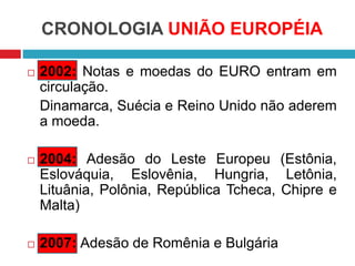  2002: Notas e moedas do EURO entram em
circulação.
Dinamarca, Suécia e Reino Unido não aderem
a moeda.
 2004: Adesão do Leste Europeu (Estônia,
Eslováquia, Eslovênia, Hungria, Letônia,
Lituânia, Polônia, República Tcheca, Chipre e
Malta)
 2007: Adesão de Romênia e Bulgária
CRONOLOGIA UNIÃO EUROPÉIA
 
