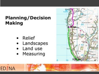 Planning/Decision
Making
• Relief
• Landscapes
• Land use
• Measuring
 