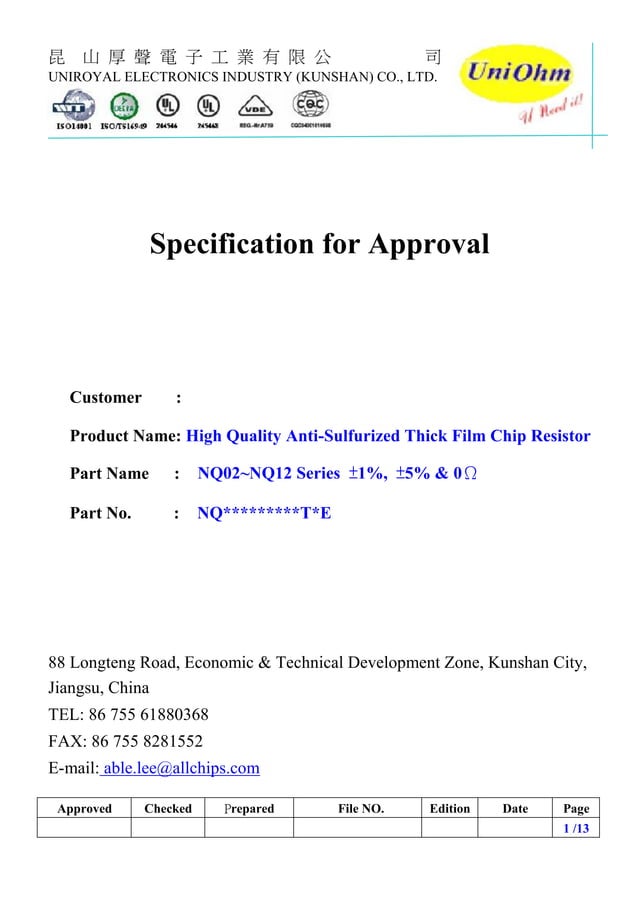 Uniohm resistors datasheet high quality antisulfurized thick film chip resistor nq02nq12