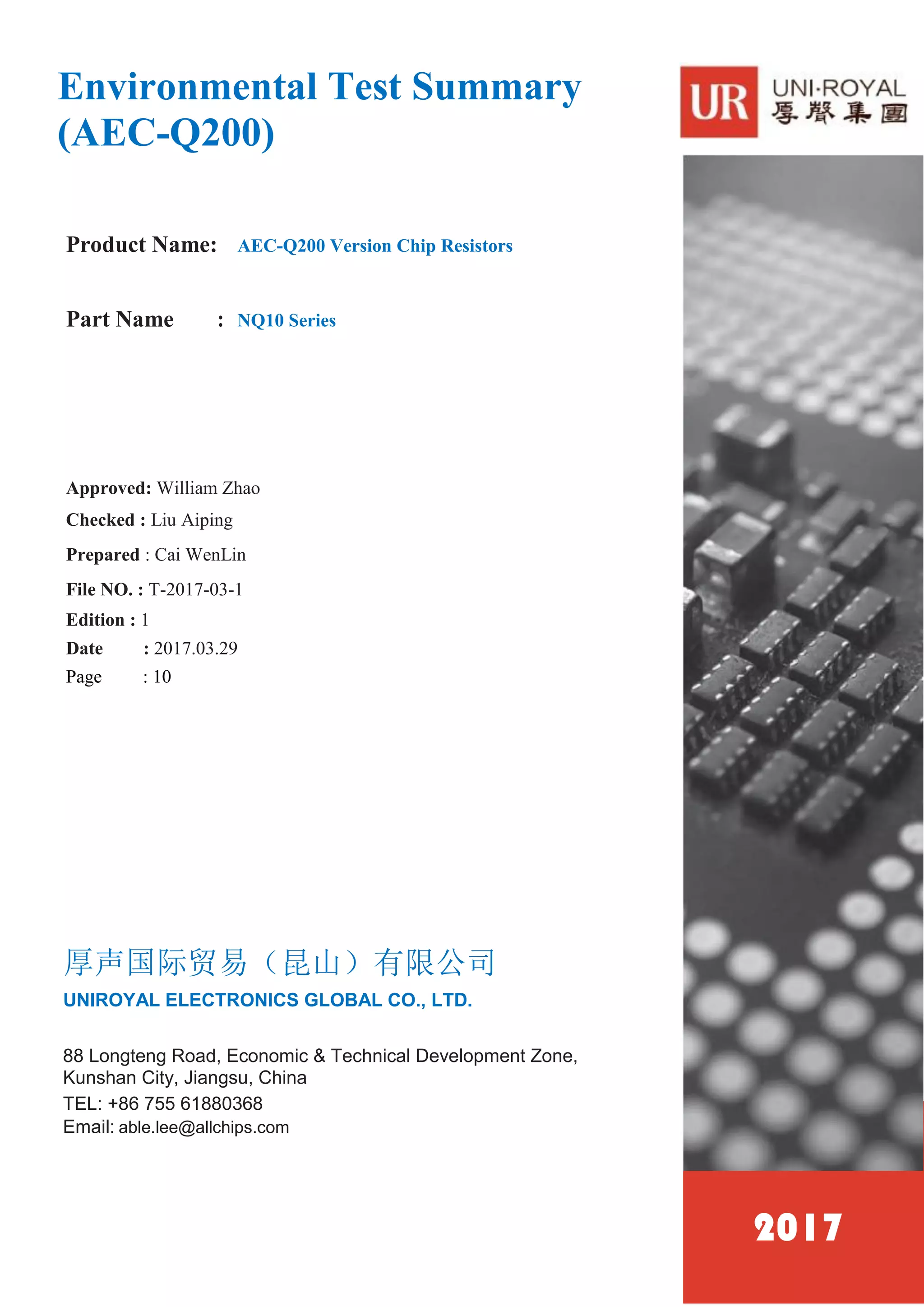 Uniohm resistors datasheet AECQ200 Version Chip Resistors NQ10 Series allchips PDF
