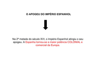 O APOGEU DO IMPÉRIO ESPANHOL Na 2ª metade do século XVI, o Império Espanhol atingiu o seu apogeu. A  Espanha tornou-se a maior potência COLONIAL e comercial da Europa. 