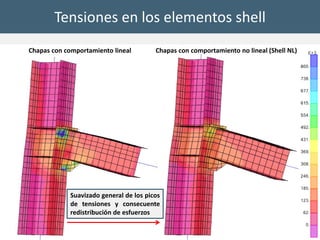 Suavizado general de los picos
de tensiones y consecuente
redistribución de esfuerzos
Chapas con comportamiento no lineal (Shell NL)Chapas con comportamiento lineal
Tensiones en los elementos shell
 