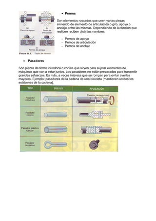 • Pernos
Son elementos roscados que unen varias piezas
sirviendo de elemento de articulación o giro, apoyo o
anclaje entre las mismas. Dependiendo de la función que
realicen reciben distintos nombres:
- Pernos de apoyo
- Pernos de articulación
- Pernos de anclaje
• Pasadores
Son piezas de forma cilíndrica o cónica que sirven para sujetar elementos de
máquinas que van a estar juntos. Los pasadores no están preparados para transmitir
grandes esfuerzos. Es más, a veces interesa que se rompan para evitar averías
mayores. Ejemplo: pasadores de la cadena de una bicicleta (mantienen unidos los
eslabones de la cadena).
 