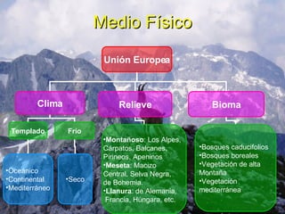 Medio Físico Unión Europea Clima Relieve Bioma Templado Frío Oceánico  Continental  Mediterráneo Seco Montañoso : Los Alpes,  Cárpatos, Balcanes,  Pirineos, Apeninos  Meseta : Macizo  Central, Selva Negra,  de Bohemia.  Llanura : de Alemania,  Francia, Húngara, etc.  Bosques caducifolios  Bosques boreales  Vegetación de alta  Montaña  Vegetación  mediterránea 