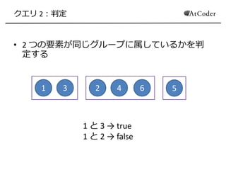 クエリ 2：判定
• 2 つの要素が同じグループに属しているかを判
定する
1 3 2 4 6 5
1 と 3 → true
1 と 2 → false
 