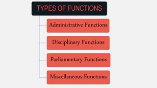 TYPES OF FUNCTIONS
Administrative Functions
Disciplinary Functions
Parliamentary Functions
Miscellaneous Functions
 