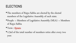 ELECTIONS
•The members of Rajya Sabha are elected by the elected
members of the Legislative Assembly of each state.
•People -> Members of Legislative Assembly (MLA) -> Members
of Rajya Sabha
•Term : 6years.
•1/3rd of the total number of members retire after every two
year.
 
