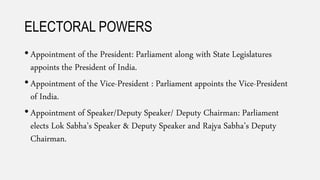 ELECTORAL POWERS
• Appointment of the President: Parliament along with State Legislatures
appoints the President of India.
• Appointment of the Vice-President : Parliament appoints the Vice-President
of India.
• Appointment of Speaker/Deputy Speaker/ Deputy Chairman: Parliament
elects Lok Sabha’s Speaker & Deputy Speaker and Rajya Sabha’s Deputy
Chairman.
 