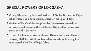SPECIAL POWERS OF LOK SABHA
•Money Bills can only be introduced in Lok Sabha. It is sent to Rajya
Sabha where it can be deliberated/check on for upto 14 days.
•Motions of No Confidence against the Government can only be
introduced and passed in the Lok Sabha. Rajya Sabha has no such
power over the Executive.
•In case of a deadlock between the two Houses over a non-financial
(ordinary) bill, the will of the Lok Sabha prevails as its strength is
more than double that of Rajya Sabha.
 