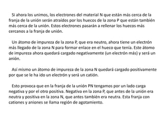 Si ahora los unimos, los electrones del material N que están más cerca de la 
franja de la unión serán atraídos por los huecos de la zona P que están también 
más cerca de la unión. Estos electrones pasarán a rellenar los huecos más 
cercanos a la franja de unión. 
Un átomo de impureza de la zona P, que era neutro, ahora tiene un electrón 
más llegado de la zona N para formar enlace en el hueco que tenía. Este átomo 
de impureza ahora quedará cargado negativamente (un electrón más) y será un 
anión. 
Así mismo un átomo de impureza de la zona N quedará cargado positivamente 
por que se le ha ido un electrón y será un catión. 
Esto provoca que en la franja de la unión PN tengamos por un lado carga 
negativa y por el otro positiva. Negativa en la zona P, que antes de la unión era 
neutra y positiva en la zona N, que antes también era neutra. Esta franja con 
cationes y aniones se llama región de agotamiento. 
 