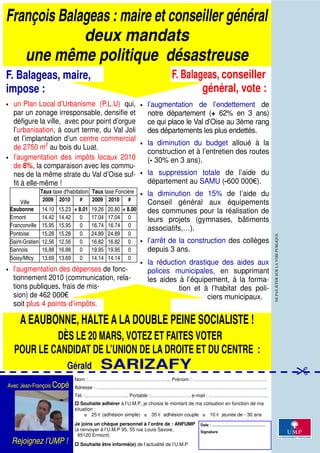 François Balageas : maire et conseiller général
             deux mandats
   une même politique désastreuse
F. Balageas, maire,                                                           F. Balageas, conseiller
impose :                                                                              général, vote :
•    un Plan Local d’Urbanisme (P.L.U) qui,                     •   l’augmentation de l’endettement de
     par un zonage irresponsable, densifie et                       notre département (+ 62% en 3 ans)
     défigure la ville, avec pour point d’orgue                     ce qui place le Val d’Oise au 3ème rang
     l’urbanisation, à court terme, du Val Joli                     des départements les plus endettés.
     et l’implantation d’un centre commercial
                                                                    la diminution du budget alloué à la
     de 2750 m2 au bois du Luat.
                                                                •
                                                                    construction et à l’entretien des routes
•    l’augmentation des impôts locaux 2010                          (- 30% en 3 ans).
     de 8%, la comparaison avec les commu-
     nes de la même strate du Val d’Oise suf-                   •   la suppression totale de l’aide du
     fit à elle-même !                                              département au SAMU (-600 000).
                    Taux taxe d'habitation Taux taxe Foncière   •   la diminution de 15% de l’aide du
                     2009 2010        #    2009 2010 #
        Ville                                                       Conseil général aux équipements
    Eaubonne        14.10   15.23 + 8.01   19.26   20.80 + 8.00     des communes pour la réalisation de
    Ermont          14.42   14.42   0      17.04   17.04 0          leurs projets (gymnases, bâtiments
    Franconville    15.95   15.95   0      16.74   16.74 0
                                                                    associatifs,…).
    Pontoise        15.28   15.28   0      24.89   24.89 0




                                                                                                                           NE PAS JETER SUR LA VOIE PUBLIQUE
    Saint-Gratien   12.56   12.56   0      16.82   16.82 0      •   l’arrêt de la construction des collèges
    Sannois         16.88   16.88   0      19.95   19.95 0          depuis 3 ans.
    Soisy/Mtcy      13.69   13.69   0      14.14   14.14 0
                                                                •   la réduction drastique des aides aux
•    l’augmentation des dépenses de fonc-                           polices municipales, en supprimant
     tionnement 2010 (communication, rela-                          les aides à l’équipement, à la forma-
     tions publiques, frais de mis-                                           tion et à l’habitat des poli-
     sion) de 462 000                                                                 ciers municipaux.
     soit plus 4 points d’impôts.

        A EAUBONNE, HALTE A LA DOUBLE PEINE SOCIALISTE !
              DÈS LE 20 MARS, VOTEZ ET FAITES VOTER
     POUR LE CANDIDAT DE L’UNION DE LA DROITE ET DU CENTRE :
                               Gérald         SARIZAFY                                                                                                         
                                                                                                                                                               
                                                                                                                                                               
                                                                                                                                                               
                                  Nom : …………………………………………... Prénom : ……………………………………….
Avec Jean-François Copé Adresse : …………………………………………………………………………………………….
                                  Tél. :……………………... Portable :……………………. e-mail : ……………………………….
                                   Souhaite adhérer à l’U.M.P, je choisis le montant de ma cotisation en fonction de ma
                                  situation :
                                  25  (adhésion simple) 35  adhésion couple 10  jeunes de - 30 ans
                                  Je joins un chèque personnel à l’ordre de : ANFUMP       Date : …………………………………….
                                  (à renvoyer à l’U.M.P 95, 55 rue Louis Savoie,           Signature
                                   95120 Ermont)
    Rejoignez l’UMP !              Souhaite être informé(e) de l’actualité de l’U.M.P
 