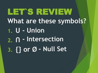 LET`S REVIEW
What are these symbols?
1. Ս
2. Ո
3. {} or Ø
- Union
- Null Set
- Intersection
 