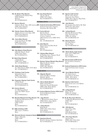 150
156. M. Buhari Way Branch
4 Muhammadu Buhari Way
NNIL Building
Kaduna
Tel: 070 19914518-9
157. Samaru Branch
1Sokoto Road, Opp. ABU main gate
P.M.B. 10 0 1, Samaru
Tel: 070 19914516-7
158. Yakubu Gowon Way Branch
Yakubu Gowon way, Opp. CBN
P.M.B. 20 81, Kaduna
Tel: 070 19914510 -13
159. Zaria Main Branch
2 Circular Road, PZ GRA
P.M.B. 10 0 1, Zaria
Tel: 070 19914514-5
KANO STATE
160 . Ado Bayero Road Branch
48E Ado Bayero Road
P.M.B. 3033, Kano
Tel: 070 19914572-5
161. Bank Road Branch
4 Bank Road
P.M.B. 30 07, Kano
Tel: 070 19914568-71
162. Bello Road Branch
14s, Bello Road, P.M.B. 3476, Kano
Tel: 070 1991460 6-7
163. Challawa Cash Center
Industrial Layout
P.M.B. 3564, Kano
Tel: 070 19914596-7
164. Doguwar Giginya Cash Center
2 Bank Road,
Doguwa L.G.A Kano
Tel: 070 19914580 -81
165. Hotoro Branch
40, Maiduguri Road
Opposite NNPC Depot
Kano
Tel: 070 19914582-3
166. Murtala Mohammed Way Branch
71, Murtala Mohammed Way
Yankura Area
P.M.B. 12755
Kano
Tel: 070 19914578-9
167. NBC Challawa ATM
NBC depot Challawa
Kano
168. Sharada Branch Industrial Estate
Phase 1Sharada
P.M.B. 3296
Kano
Tel: 070 19914592-3
169. Zoo Road Branch
7B, Zoo Road
P.M.B. 3075, Kano
Tel: 070 19914576-7
KATSINA STATE
170 . Federal University ATM Center
Federal University Campus,
Dutsinma Rd, Dutsin-Ma
171. Funtua Branch
Katsina Road,
Opposite Upper Sharia
Court of Appeal,
GRA Funtua town, P.M.B. 60 0 1
Funtua
Tel: 070 19914489-90
172. Jibia Branch
Kaura Namoda/Jibia Road
P.M.B. 20 44
Katsina
Tel: 070 19914491-2
173. Katsina Main Branch
18 Trading Area, Nagogo Road
P.M.B. 20 12, Katsina
Tel: 070 19914495-6
174. Katsina-Yahaya Madaki Way Branch*
Magudu House Annex
Yahaya Madaki
P.M.B. 2167, Katsina
Tel: 070 19914493-4
KEBBI STATE
175. Bagudo Branch
Opposite Motor Garage
Bagudo, Kebbi
Tel: 070 19914558-9
176. Birnin Kebbi Branch
Haliru Abdul Way
Opposite General Hospital
P.M.B. 10 10, Birnin Kebbi
Tel: 070 19914546-9
177. Federal Medical Center ATM Center
Federal Medical Center,
Birnin Kebbi
178. Jega Branch
4, Mohammed Dado Street
P.M.B. 90 0 4, Jega, Kebbi
Tel: 070 19914552-3
179. Yelwa Branch
Bank Road
P.M.B. 10 02, Yelwa-Yauri
Yauri, Kebbi
Tel: 070 19914550 -51
KOGI STATE
180 . Ajaokuta Branch
Road 6, Geregu Campus Ajaokuta
Tel: 070 19914854-5
181. Egume Cash Center
Egume Town Road,
Opposite Onu Palace
P.M.B. 10 03, Egume, Kogi State
Tel: 070 19914876-7
182. Idah Branch
99 Ayegba Oma Idoko Rd. Idah
P.M.B. 0 07, Idah, Kogi
Tel: 070 19914848-9
183. Lokoja Branch
Murtala Mohammed Way
Opp. Obasanjo Sqr.
P.M.B. 14, Lokoja
Tel: 070 19914850 -53
184. Okene Branch
22, Lafia Street
Okene, Kogi
Tel: 070 19914860 -61
KWARA STATE
185. Bode Saadu Cash Center
Sabo Area, P.M.B 0 0 4
Bode Saadu
Tel: 070 19914834-5
186. Bovina Hotel ATM Center
Bovina Hotel, Premises,
Ilorin
187. Federal Polytechnic ATM Center
Federal Polytechnic Campus
Offa
188. Ilorin Market Branch
173 Abdul Azeez
Attah Road, Surulere
P.M.B. 1533, Ilorin
Tel: 070 19914820 -21
189. Kaiama Cash Centre
Kishi-ilorin road, near Kaima
Ilorin
Tel: 070 19914820 -21
190 . Lafiagi Branch
Emir's Road
P.M.B. 85, Lafiagi
Tel: 070 19914830 -31
191. M. M. Way Ilorin Branch
67 Murtala Mohammed Way
P.M.B. 1347
Ilorin
Tel: 070 19914818-9
192. Offa Branch
Olofa Way, Offa
P.M.B. 40 1
Offa-Kwara State
Tel: 070 19914824-5
193. Omu Aran Branch
Aperan Way
P.M.B. 10 10, Omu Aran
Tel: 070 19914826-7
Union Bank of Nigeria Plc
Annual Report and Accounts
31December 20 15
* Branch to be relocated in 20 16
 