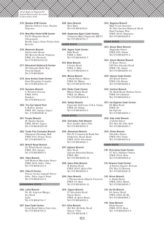 153
274. Shasha ATM Center
Nigeria Airforce base, Shasha
Dopemu
275. Sheriffyt Hotel ATM Center
95/ 97 Shagamu Road
Odogunyan
Beside Lagos State Polytechnic
Ikorodu
276. Shomolu Branch
Adebowale House
150 Ikorodu Road, Onipanu
P.M.B. 40, Shomolu
Tel: 070 19914449-52
277. Silverbird Galleria E-Center
133 Ahmadu Bello Way
Victoria Island
Tel: 070 19913668
278. Sura Annex Cash Center
Sura Shopping Complex
Tel: 070 19914320 -21
279. Surulere Branch
3, Western Avenue
P.M.B. 30 02
Surulere
Tel: 070 19914441-4
280 . Tin Can Island Port
8, Ibafon, Apapa
P.M.B. 1147, Apapa, Lagos
Tel: 070 19913910 -11
281. Tinubu Branch
19, Tinubu Square
P.M.B. 120 40, Lagos
Tel: 070 19914359-62
282. Trade Fair Complex Branch
Olusegun Obasanjo Hall
P.M.B. 0 03, Festac Town
Tel: 070 19913937-8
283. Wharf Road Branch
32, Wharf Road, Apapa
P.M.B. 1172, Apapa
Tel: 070 19913902-5
284. Yaba Branch
349 Herbert Macaulay Street
P.M.B. 10 02, Sabo, Yaba
Tel: 070 19914445-8
285. Yaba E-Center
Ozone Center, Lugard Street
Sabo, Yaba, Lagos State
Tel: 070 19914445-8
NASARAWA STATE
286. Lafia Branch
No 26, Angwan Mangu
Jos Road
Lafia
Tel: 070 19914734-7
287. Awe Cash Center
Court Road Sabon Gari, Awe
Tel: 070 19914738-9
288. Karu Branch
New Karu
Tel: 070 19914791-2
289. Nasarawa Egon Cash Centre
1Ungwan Moyi (Opposite ERCC)
Tel: 070 19914734-7
NIGER STATE
290 . Agaie Cash Center
Bida Road
P.M.B. 3, Bida
Tel: 070 1991480 6-7
291. Bida Branch
9 Lemu Road
P.M.B. 3, Bida
Tel: 070 1991480 4-5
292. Minna Branch
2 Bank Street, Minna
P.M.B. 22, Minna
Tel: 070 19914798-80 1
293. Paiko Cash Center
Minna/ Suleja Road
P.M.B. 22, Minna
Tel: 070 1991480 8-9
294. Suleja Branch
Opposite field base G.R.A. Suleja
P.M.B. 22, Suleja
Tel: 070 19914802-3
OGUN STATE
295. 2nd Ijebu Ode Branch
New market, Ijebu Ode
Tel: 070 19914938-9
296. Abeokuta Branch
Plot B, Commercial Bank Site
Onikolobo Road, Ibara
P.M.B. 3030 Abeokuta
Tel: 070 19914924-7
297. Agbara Branch
Ilaro Road
Agbara Industrial Estate
P.M.B. 1163
Tel: 070 19913929-30
298. Ijebu-Ode Branch
15 Ibadan Road
P.M.B. 20 03, Ijebu-Ode
Tel: 070 19914922-3
299. Ilaro Branch
1, Thomas Isola Akinola Crescent
P.M.B. 0 5, Ilaro
Tel: 070 19914930 -31
30 0 . Ogere Branch
27 Abeokuta Road
Ogere Remo
P.M.B. 12, Iperu Remo
Tel: 070 19914932-3
30 1. Otta Branch
152/ 154, Idi-Iroko Road
Ojuore Otta
Tel: 070 19914416-7
30 2. Sagamu Branch
High Court Junction
10, Oba Awolesi Erinwole Road
Dual Carriage Way
P.M.B. 2033, Shagamu
Tel: 070 19914928-9
ONDO STATE
30 3. Akure Main Branch
Alagbaka Street
P.M.B. 625, Akure
Tel: 070 19914870 -3
30 4. Akure Market Branch
37 Ilemo Street,
Off Oba Adesida Road
P.M.B. 710, Akure
Tel: 070 19914880 -81
30 5. Idanre Cash Center
135 Broad Street
P.M.B. 513, Idanre
Tel: 070 19914892-3
30 6. Ilutitun Branch
38, Bank Road, Ilutitun Osoro
P.M.B. 0 0 1, Ilutitun
Tel: 070 19914882-3
307. Ita-Ogbolu Cash Center
66 Main Road
P.M.B. 26
Ita-Ogbolu
Tel: 070 19914894-5
30 8. Ode Irele Branch
1, Olofin Street
P.O. Box 26, Ode-Irele
Tel: 070 19914886-7
30 9. Ondo Branch
Ododibo Street
P.M.B. 502, Ondo
Tel: 070 19914878-9
OSUN STATE
310 . Erin-Ijesa Cash Center
47 Toso Akinleye Street
P.M.B. 50 43, Ilesa
Tel: 070 1991490 8-9
311. Ifewara Cash Center
11, Enuwa Square, Ifewara
P.O. Box 51, Ifewara
Tel: 070 19914910 -11
312. Ikirun Branch
4, Inisha Road
P.M.B. 520 5, Ikirun
Tel: 070 1991490 6-7
313. Ile-Ife Branch
63, Iremo Road
P.M.B. 550 9, Ile-Ife
Tel: 070 19914896-7
314. Ilesa Branch
Ereja Square
P.M.B. 5079, Ilesa
Tel: 070 1991490 4-5
Union Bank of Nigeria Plc
Annual Report and Accounts
31December 20 15
 