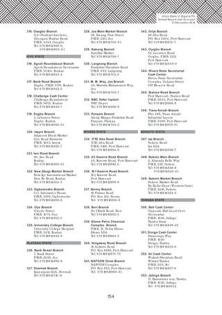 154
315. Osogbo Branch
2/4 Obafemi Awolowo,
Gbongan/ Ibadan Road
P.M.B. 4342, Osogbo
Tel: 070 19914898-9,
070 1991490 0 -0 1
OYO STATE
316. Agodi Roundabout Branch
Agodi Roundabout Secretariat
P.M.B. 55144, Ibadan
Tel: 070 19914943-4
317. Bank Road Branch
Dugbe, P.M.B. 5176, Ibadan
Tel: 070 19914942-3
318. Challenge Cash Center
Challenge Roundabout
P.M.B. 5655, Ibadan
Tel: 070 19914946-7
319. Dugbe Branch
3, Lebanon Street
Dugbe, Ibadan
Tel: 070 19914950 -51
320 . Iseyin Branch
Adjacent Ebedi Market
Oyo Road Barracks
P.M.B. 10 03, Iseyin
Tel: 070 19914956-7
321. Iwo Road Branch
90, Iwo Road
Ibadan
Tel: 070 19914960 -61
322. New Gbagi Market Branch
Bola Ige International Market
New Ife Road, Ibadan
Tel: 070 19914954-5
323. Ogbomosho Branch
Col. Adeniran's House
P.M.B. 3592, Ogbomosho
Tel: 070 19914958-9
324. Oyo Branch
Owode Street
P.M.B. 1073, Oyo
Tel: 070 19914952-3
325. University College Branch
University College Hospital
P.M.B. 5412, Ibadan
Tel: 070 19914948-9
PLATEAU STATE
326. Bank Street Branch
7, Bank Street
P.M.B. 2029, Jos
Tel: 070 19914696-9
327. Doemak Branch
Qua'anpan LGA, Doemak
Tel: 070 19914710 -11
328. Jos Main Market Branch
28, Rwang Pam Street
P.M.B. 2131, Jos
Tel: 070 1991470 0 -0 1
329. Kabong Branch
Satellite Market
Tel: 070 1991470 6-7
330 . Langtang Branch
Pankshin/ Shendam Road
P.M.B. 0 02, Langtang
Tel: 070 19914702-3
331. M. M. Way, Jos Branch
48, Murtala Muhammed Way,
Jos
Tel: 070 1991470 6-7
332. NBC Teller Inplant
NBC Depot
Tel: 070 19914696-9
333. Panyam Branch
Along Mangu-Pankshin Road
Panyam, Plateau
Tel: 070 1991470 4-5
RIVERS STATE
334. 171D Aba Road Branch
171D, Aba Road
P.M.B. 5186, Port Harcourt
Tel: 070 19913994-5
335. 45 Ikwerre Road Branch
45, Ikwerre Road, Port Harcourt
Tel: 070 19913992-3
336. 10 1 Ikwerre Road Branch
10 1, Ikwerre Road
Port Harcourt
Tel: 070 19913998-9
337. Bonny Branch
10 Finima Road
P.O. Box 144, Bonny
Tel: 070 19913958-9
338. Bori Branch
No.1Bank Road, Bori
Tel: 070 19913982-3
339. Eleme Petro Chemical
Complex Branch
P.M.B. 13, Nchia Eleme
Eleme LGA
Tel: 070 19913964-5
340 . Kingsway Road Branch
12 Azikiwe Road
P.O. Box 5886, Port Harcourt
Tel: 070 19913970 -73
341. NAFCON Onne Branch
NAFCON Complex
P.O. Box 653, Port Harcourt
Tel: 070 19913960 -61
342. Orije Branch
28 Aba Road
P.O. Box 540 4, Port Harcourt
Tel: 070 19913974-7
343. Oyigbo Branch
52, Location Road
Oyigbo, P.M.B. 5211
Port Harcourt
Tel: 070 199140 0 8-9
344. Rivers State Secretariat
Cash Center
Rivers State Secretariat
Complex, Gokana Street
Off Moscow Road
345. Station Road Branch
Port Harcourt- Station Road
P.M.B. 50 0 5, Port Harcourt
Tel: 070 19913966-9
346. Trans Amadi Branch
Plot 468, Trans Amadi
Industrial Layout
P.M.B. 5496, Port Harcourt
Tel: 070 19913978-81
SOKOTO STATE
347. Isa Branch
Sokoto Road
Isa LGA
Tel: 070 19914556-7
348. Sokoto Main Branch
2, Ahmadu Bello Way
P.M.B. 2117, Sokoto
Tel: 070 19914538-9
070 19914540 -41
349. Sokoto Market Branch
Sokoto Market Road
By Kofar Doya (Western Gate)
P.M.B. 2410, Sokoto
Tel: 070 19914554-5
TARABA STATE
350. Bali Cash Center
Opposite Bali Local Govt.
Secretariat
P.M.B. 1026, Jalingo
Taraba State
Tel: 070 19914639-40
351. Donga Cash Center
Danzomga Way
P.M.B. 1020
Donga, Taraba
Tel: 070 19914633-6
352. Ibi Cash Center
Wukari-Shendam Road
Wukari Taraba
P.M.B. 0 0 5, Ibi
Tel: 070 19914637-8
353. Jalingo Branch
17, Hamaruwa way, Taraba
P.M.B. 1026, Jalingo
Tel: 070 19914631-2
Union Bank of Nigeria Plc
Annual Report and Accounts
31December 20 15
 