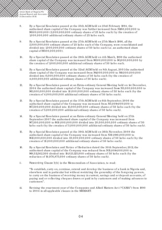 0 4
8. By a Special Resolution passed at the 25th AGM held on 23rd February 1994, the
authorised share capital of the Company was further increased from N250,0 0 0,0 0 0 to
N50 0,0 0 0,0 0 0 (2,0 0 0,0 0 0,0 0 0 ordinary shares of 25 kobo each) by the creation of
1,0 0 0,0 0 0,0 0 0 additional ordinary shares of 25 kobo each.
9. By a Special Resolution passed at the 27th AGM held on 27th March 1996, all the
2,0 0 0,0 0 0,0 0 0 ordinary shares of 25 kobo each of the Company, were consolidated and
divided into 1,0 0 0,0 0 0,0 0 0 ordinary shares of 50 kobo each (i.e. an authorised share
capital of N50 0,0 0 0,0 0 0 ).
10. By a Special Resolution passed at the 29th AGM held on 4th March, 1998 the authorised
share capital of the Company was increased from N50 0,0 0 0,0 0 0 to N1,0 0 0,0 0 0,0 0 0 by
the creation of 1,0 0 0,0 0 0,0 0 0 additional ordinary shares of 50 kobo each.
11. By a Special Resolution passed at the 32nd AGM held on 8th August, 20 0 1the authorised
share capital of the Company was increased from N1,0 0 0,0 0 0,0 0 0 to N3,0 0 0,0 0 0,0 0 0
divided into 6,0 0 0,0 0 0,0 0 0 ordinary shares of 50 kobo each (by the creation of
4,0 0 0,0 0 0,0 0 0 additional ordinary shares of 50 kobo each).
12. By a Special Resolution passed at an Extra-ordinary General Meeting held on 1st December,
20 0 4 the authorised share capital of the Company was increased from N3,0 0 0,0 0 0,0 0 0 to
N5,0 0 0,0 0 0,0 0 0 divided into 10,0 0 0,0 0 0,0 0 0 ordinary shares of 50 kobo each (by the
creation of 4,0 0 0,0 0 0,0 0 0 additional ordinary shares of 50 kobo each).
13. By a Special Resolution passed at the 37th AGM held on 6th September, 20 0 6 the
authorised share capital of the Company was increased from N5,0 0 0,0 0 0,0 0 0 to
N7,50 0,0 0 0,0 0 0 divided into 15,0 0 0,0 0 0,0 0 0 ordinary shares of 50 kobo each (by the
creation of 5,0 0 0,0 0 0,0 0 0 additional ordinary shares of 50 kobo each).
14. By a Special Resolution passed at an Extra-ordinary General Meeting held on 27th
September 20 07 the authorised share capital of the Company was increased from
N7,50 0,0 0 0,0 0 0 to N10,0 0 0,0 0 0,0 0 0 divided into 20,0 0 0,0 0 0,0 0 0 ordinary shares of 50
kobo each (by the creation of 5,0 0 0,0 0 0,0 0 0 additional ordinary shares of 50 kobo each).
15. By a Special Resolution passed at the 39th AGM held on 26th November, 20 0 8 the
authorised share capital of the Company was increased from N10,0 0 0,0 0 0,0 0 0 to
N15,0 0 0,0 0 0,0 0 0 divided into 30,0 0 0,0 0 0,0 0 0 ordinary shares of 50 kobo each (by the
creation of 10,0 0 0,0 0 0,0 0 0 additional ordinary shares of 50 kobo each).
16. By a Special Resolution and Notice of Reduction dated the 30 th September, 20 11, the
authorised share capital of the Company was reduced from N15,0 0 0,0 0 0,0 0 0 to
N9,511,562,50 0 divided into 19,023,125,0 0 0 ordinary shares of 50 kobo each (by the
reduction of 10,976,875,0 0 0 ordinary shares of 50 kobo each).
ii. Rewording Clause 3(b) in the Memorandum of Association, to read:
“To establish, carry on, continue, extend and develop the business of a bank in Nigeria and,
elsewhere and in particular but without restricting the generality of the foregoing powers,
to carry on the business of receiving money in current, savings and or deposit accounts, of
paying and or collecting cheques drawn or paid in by customers and of making advances to
customers”.
iii. Revising the enactment year of the Companies and Allied Matters Act (“CAMA”) from 1990
to 20 0 4 in all applicable clauses in the MEMART.
Union Bank of Nigeria Plc
Annual Report and Accounts
31December 20 15
 