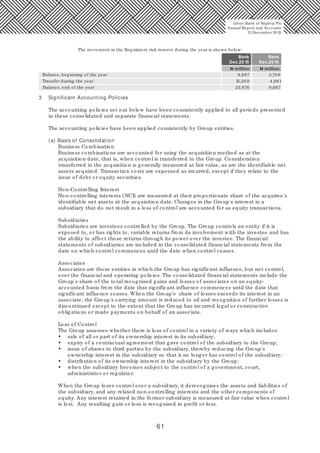 61
The movement in the Regulatory risk reserve during the year is shown below:
Balance, beginning of the year
Transfer during the year
Balance, end of the year
8,667
15,20 9
23,876
3,70 6
4,961
8,667
Bank
Dec.20 15
Bank
Dec.20 14
N million N million
3 Significant Accounting Policies
The accounting policies set out below have been consistently applied to all periods presented
in these consolidated and separate financial statements.
The accounting policies have been applied consistently by Group entities.
(a) Basis of Consolidation
Business Combination
Business combinations are accounted for using the acquisition method as at the
acquisition date, that is, when control is transferred to the Group. Consideration
transferred in the acquisition is generally measured at fair value, as are the identifiable net
assets acquired. Transaction costs are expensed as incurred, except if they relate to the
issue of debt or equity securities.
Non-Controlling Interest
Non-controlling interests (NCI) are measured at their proportionate share of the acquiree's
identifiable net assets at the acquisition date. Changes in the Group's interest in a
subsidiary that do not result in a loss of control are accounted for as equity transactions.
Subsidiaries
Subsidiaries are investees controlled by the Group. The Group controls an entity if it is
exposed to, or has rights to, variable returns from its involvement with the investee and has
the ability to affect those returns through its power over the investee. The financial
statements of subsidiaries are included in the consolidated financial statements from the
date on which control commences until the date when control ceases.
Associates
Associates are those entities in which the Group has significant influence, but not control,
over the financial and operating policies. The consolidated financial statements include the
Group's share of the total recognised gains and losses of associates on an equity-
accounted basis from the date that significant influence commences until the date that
significant influence ceases. When the Group's share of losses exceeds its interest in an
associate, the Group's carrying amount is reduced to nil and recognition of further losses is
discontinued except to the extent that the Group has incurred legal or constructive
obligations or made payments on behalf of an associate.
Loss of Control
The Group assesses whether there is loss of control in a variety of ways which includes:
• sale of all or part of its ownership interest in its subsidiary;
• expiry of a contractual agreement that gave control of the subsidiary to the Group;
• issue of shares to third parties by the subsidiary, thereby reducing the Group's
ownership interest in the subsidiary so that it no longer has control of the subsidiary;
• distribution of its ownership interest in the subsidiary by the Group;
• when the subsidiary becomes subject to the control of a government, court,
administrator or regulator.
When the Group loses control over a subsidiary, it derecognises the assets and liabilities of
the subsidiary, and any related non-controlling interests and the other components of
equity. Any interest retained in the former subsidiary is measured at fair value when control
is lost. Any resulting gain or loss is recognised in profit or loss.
Union Bank of Nigeria Plc
Annual Report and Accounts
31December 20 15
 