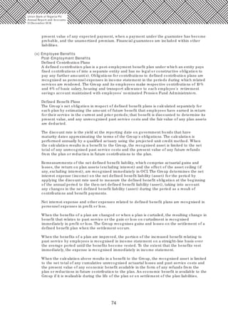 74
present value of any expected payment, when a payment under the guarantee has become
probable, and the unamortised premium. Financial guarantees are included within other
liabilities.
(x) Employee Benefits
Post-Employment Benefits
Defined Contribution Plans
A defined contribution plan is a post-employment benefit plan under which an entity pays
fixed contributions of into a separate entity and has no legal or constructive obligation to
pay any further amount(s). Obligations for contributions to defined contribution plans are
recognised as personnel expenses in income statement in the periods during which related
services are rendered. The Group and its employees make respective contributions of 10 %
and 8% of basic salary, housing and transport allowance to each employee's retirement
savings account maintained with employees' nominated Pension Fund Administrators.
Defined Benefit Plans
The Group's net obligation in respect of defined benefit plans is calculated separately for
each plan by estimating the amount of future benefit that employees have earned in return
for their service in the current and prior periods; that benefit is discounted to determine its
present value, and any unrecognised past service costs and the fair value of any plan assets
are deducted.
The discount rate is the yield at the reporting date on government bonds that have
maturity dates approximating the terms of the Group's obligations. The calculation is
performed annually by a qualified actuary using the projected unit credit method. When
the calculation results in a benefit to the Group, the recognised asset is limited to the net
total of any unrecognised past service costs and the present value of any future refunds
from the plan or reduction in future contributions to the plan.
Remeasurements of the net defined benefit liability, which comprise actuarial gains and
losses, the return on plan assets (excluding interest) and the effect of the asset ceiling (if
any, excluding interest), are recognised immediately in OCI. The Group determines the net
interest expense (income) on the net defined benefit liability (asset) for the period by
applying the discount rate used to measure the defined benefit obligation at the beginning
of the annual period to the then-net defined benefit liability (asset), taking into account
any changes in the net defined benefit liability (asset) during the period as a result of
contributions and benefit payments.
Net interest expense and other expenses related to defined benefit plans are recognised in
personnel expenses in profit or loss.
When the benefits of a plan are changed or when a plan is curtailed, the resulting change in
benefit that relates to past service or the gain or loss on curtailment is recognised
immediately in profit or loss. The Group recognises gains and losses on the settlement of a
defined benefit plan when the settlement occurs.
When the benefits of a plan are improved, the portion of the increased benefit relating to
past service by employees is recognised in income statement on a straight-line basis over
the average period until the benefits become vested. To the extent that the benefits vest
immediately, the expense is recognised immediately in income statement.
When the calculation above results in a benefit to the Group, the recognised asset is limited
to the net total of any cumulative unrecognised actuarial losses and past service costs and
the present value of any economic benefit available in the form of any refunds from the
plan or reductions in future contribution to the plan. An economic benefit is available to the
Group if it is realisable during the life of the plan or on settlement of the plan liabilities.
Union Bank of Nigeria Plc
Annual Report and Accounts
31December 20 15
 