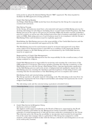 82
term goal is to adopt the Internal Rating Based (“IRB”) approach. The data required to
facilitate the IRB approach is being gathered.
Credit Risk Rating Models
An Obligor Risk Rating (ORR) model has been developed by the Group for corporate and
commercial customers:
Risk Rating Process
In the Group, all businesses must have a documented and approved Risk Rating process for
deriving risk ratings for all obligors (including those covered under Credit Programs). The Risk
Rating process is the end-to-end process for deriving ORRs and includes models, guidelines,
process controls, as well as any other defined processes that a business undertakes in order to
arrive at ORRs. Risk rating process of each business must be in compliance with the Group's
Risk Rating Policy and deviations must be explicitly approved.
Establishing the Risk Rating process is the responsibility of the Credit Risk function and the
process must be documented and approved by the CRO.
The Risk Rating process for each business must be reviewed and approved every three
years, unless more frequent review is specified as a condition of the approvals. Interim
material changes to the Risk Rating process, as determined by the Credit Risk function,
must be re-approved.
Responsibility of Credit Risk Management
In the Group, Credit Risk Management has the responsibility for the overall accuracy of risk
ratings assigned to obligors.
Credit Risk Management is responsible for reviewing and ensuring the correctness of the
ORR assigned to a borrower. This review includes ensuring the ongoing consistency of the
Risk Rating process with the Group's Risk Rating Policy; ongoing appropriate application
of the Risk Rating process and tools; review of judgmental and qualitative inputs into the
Risk Rating process; ensuring the timeliness and thoroughness of risk rating reviews; and
ensuring that the documentation of the Risk Rating process is complete and current.
Risk Rating Scale and external rating equivalent
The Group operates a 10 -grade numeric risk rating scale. The risk rating scale runs from 1to
10. Rating 1represents the best obligors and facilities and rating 9/ 10 represents the worst
obligors and facilities.
The risk rating scale and the external rating equivalent is detailed below
2 Credit Risk Control & Mitigation Policy
Authority Limits on Credit
The highest credit approval authority is the Board of Directors, supported by the Board
Credit Committee and further by the Management Credit Committee (CRECO). The
principle of central management of risk and decision authority is maintained by the Group.
This structure gives the Group the possibility to incorporate much needed local expertise,
but at the same time manage risk on a global level. The Group has assigned to credit
analysts, credit approval limits in line with the Group's criteria for such delegation as set out
in its credit policy manual.
Non Investment Grade
Investment Grade
1
2
3
4
5
6
7
8
9/ 10
BB
B
CCC
CC
C/ D
AAA
AA
A
BBB
Standard Grade
Group Risk Rating Equivalent Grade
Union Bank of Nigeria Plc
Annual Report and Accounts
31December 20 15
 