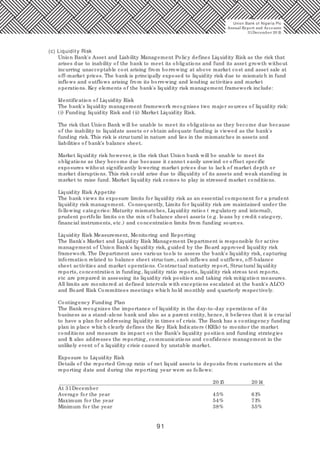 91
(c) Liquidity Risk
Union Bank's Asset and Liability Management Policy defines Liquidity Risk as the risk that
arises due to inability of the bank to meet its obligations and fund its asset growth without
incurring unacceptable cost arising from borrowing at above market cost and asset sale at
off-market prices. The bank is principally exposed to liquidity risk due to mismatch in fund
inflows and outflows arising from its borrowing and lending activities and market
operations. Key elements of the bank's liquidity risk management framework include:
Identification of Liquidity Risk
The bank's liquidity management framework recognises two major sources of liquidity risk:
(i) Funding liquidity Risk and (ii) Market Liquidity Risk.
The risk that Union Bank will be unable to meet its obligations as they become due because
of the inability to liquidate assets or obtain adequate funding is viewed as the bank's
funding risk. This risk is structural in nature and lies in the mismatches in assets and
liabilities of bank’s balance sheet.
Market liquidity risk however, is the risk that Union bank will be unable to meet its
obligations as they become due because it cannot easily unwind or offset specific
exposures without significantly lowering market prices due to lack of market depth or
market disruptions. This risk could arise due to illiquidity of its assets and weak standing in
market to raise fund. Market liquidity risk comes to play in stressed market conditions.
Liquidity Risk Appetite
The bank views its exposure limits for liquidity risk as an essential component for a prudent
liquidity risk management. Consequently, Limits for liquidity risk are maintained under the
following categories: Maturity mismatches, Liquidity ratios ( regulatory and internal),
prudent portfolio limits on the mix of balance sheet assets (e.g. loans by credit category,
financial instruments, etc.) and concentration limits from funding sources.
Liquidity Risk Measurement, Monitoring and Reporting
The Bank's Market and Liquidity Risk Management Department is responsible for active
management of Union Bank's liquidity risk, guided by the Board approved liquidity risk
framework. The Department uses various tools to assess the bank's liquidity risk, capturing
information related to balance sheet structure, cash inflows and outflows, off-balance
sheet activities and market operations. Contractual maturity report, Structural liquidity
reports, concentration in funding, liquidity ratio reports, liquidity risk stress test reports,
etc are prepared in assessing its liquidity risk position and taking risk mitigation measures.
All limits are monitored at defined intervals with exceptions escalated at the bank's ALCO
and Board Risk Committees meetings which hold monthly and quarterly respectively.
Contingency Funding Plan
The Bank recognizes the importance of liquidity in the day-to-day operations of its
business as a stand-alone bank and also as a parent entity, hence, it believes that it is crucial
to have a plan for addressing liquidity in times of crisis. The Bank has a contingency funding
plan in place which clearly defines the Key Risk Indicators (KRIs) to monitor the market
conditions and measure its impact on the Bank’s liquidity position and funding strategies
and It also addresses the reporting, communications and confidence management in the
unlikely event of a liquidity crisis caused by unstable market.
Exposure to Liquidity Risk
Details of the reported Group ratio of net liquid assets to deposits from customers at the
reporting date and during the reporting year were as follows:
20 15 20 14
At 31December
Average for the year 45% 61%
Maximum for the year 54% 71%
Minimum for the year 38% 55%
Union Bank of Nigeria Plc
Annual Report and Accounts
31December 20 15
 