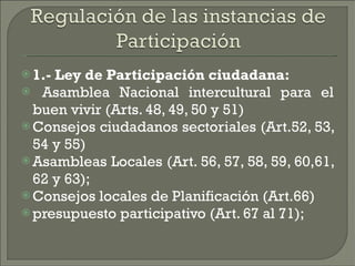 1.- Ley de Participación ciudadana: Asamblea Nacional intercultural para el buen vivir (Arts. 48, 49, 50 y 51)  Consejos ciudadanos sectoriales (Art.52, 53, 54 y 55)  Asambleas Locales (Art. 56, 57, 58, 59, 60,61, 62 y 63);  Consejos locales de Planificación (Art.66)  presupuesto participativo (Art. 67 al 71);  