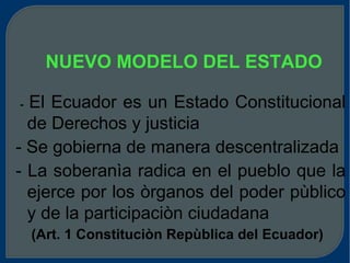 NUEVO MODELO DEL ESTADO   -   El Ecuador es un Estado Constitucional de Derechos y justicia  - Se gobierna de manera descentralizada - La soberanìa radica en el pueblo que la ejerce por los òrganos del poder pùblico y de la participaciòn ciudadana  (Art. 1 Constituciòn Repùblica del Ecuador) ‏ 