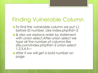 Union based sql injection by Urdu Tutorials Point | PPTX