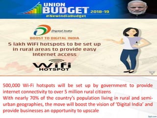 500,000 Wi-Fi hotspots will be set up by government to provide
internet connectivity to over 5 million rural citizens
With nearly 70% of the country’s population living in rural and semi-
urban geographies, the move will boost the vision of ‘Digital India’ and
provide businesses an opportunity to upscale
 