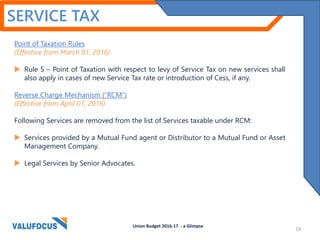 SERVICE TAX
Point of Taxation Rules
(Effective from March 01, 2016)
 Rule 5 – Point of Taxation with respect to levy of Service Tax on new services shall
also apply in cases of new Service Tax rate or introduction of Cess, if any.
Reverse Charge Mechanism (“RCM”)
(Effective from April 01, 2016)
Following Services are removed from the list of Services taxable under RCM:
 Services provided by a Mutual Fund agent or Distributor to a Mutual Fund or Asset
Management Company.
 Legal Services by Senior Advocates.
Union Budget 2016-17 - a Glimpse
14
 
