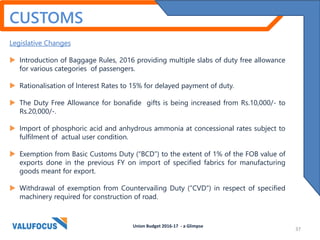 CUSTOMS
Legislative Changes
 Introduction of Baggage Rules, 2016 providing multiple slabs of duty free allowance
for various categories of passengers.
 Rationalisation of Interest Rates to 15% for delayed payment of duty.
 The Duty Free Allowance for bonafide gifts is being increased from Rs.10,000/- to
Rs.20,000/-.
 Import of phosphoric acid and anhydrous ammonia at concessional rates subject to
fulfilment of actual user condition.
 Exemption from Basic Customs Duty (“BCD”) to the extent of 1% of the FOB value of
exports done in the previous FY on import of specified fabrics for manufacturing
goods meant for export.
 Withdrawal of exemption from Countervailing Duty (“CVD”) in respect of specified
machinery required for construction of road.
Union Budget 2016-17 - a Glimpse
37
 