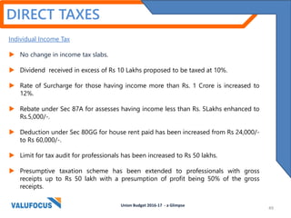 Individual Income Tax
 No change in income tax slabs.
 Dividend received in excess of Rs 10 Lakhs proposed to be taxed at 10%.
 Rate of Surcharge for those having income more than Rs. 1 Crore is increased to
12%.
 Rebate under Sec 87A for assesses having income less than Rs. 5Lakhs enhanced to
Rs.5,000/-.
 Deduction under Sec 80GG for house rent paid has been increased from Rs 24,000/-
to Rs 60,000/-.
 Limit for tax audit for professionals has been increased to Rs 50 lakhs.
 Presumptive taxation scheme has been extended to professionals with gross
receipts up to Rs 50 lakh with a presumption of profit being 50% of the gross
receipts.
DIRECT TAXES
Union Budget 2016-17 - a Glimpse
49
 