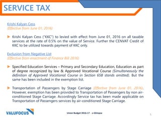 SERVICE TAX
Krishi Kalyan Cess
(Effective from June 01, 2016)
 Krishi Kalyan Cess (“KKC”) to levied with effect from June 01, 2016 on all taxable
services at the rate of 0.5% on the value of Service. Further the CENVAT Credit of
KKC to be utilized towards payment of KKC only.
Exclusion from Negative List
(Effective from enactment of Finance Bill 2016)
 Specified Education Services – Primary and Secondary Education, Education as part
of degree recognized by law & Approved Vocational Course (Simultaneously the
definition of Approved Vocational Course in Section 65B stands omitted). But the
same has been included in the exemption list.
 Transportation of Passengers by Stage Carriage (Effective from June 01, 2016).
However, exemption has been provided to Transportation of Passengers by non air-
conditioned Stage Carriage. Accordingly Service tax has been made applicable on
Transportation of Passengers services by air-conditioned Stage Carriage.
Union Budget 2016-17 - a Glimpse
5
 