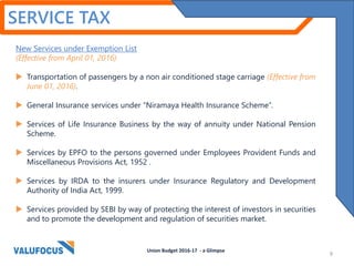 SERVICE TAX
New Services under Exemption List
(Effective from April 01, 2016)
 Transportation of passengers by a non air conditioned stage carriage (Effective from
June 01, 2016).
 General Insurance services under “Niramaya Health Insurance Scheme”.
 Services of Life Insurance Business by the way of annuity under National Pension
Scheme.
 Services by EPFO to the persons governed under Employees Provident Funds and
Miscellaneous Provisions Act, 1952 .
 Services by IRDA to the insurers under Insurance Regulatory and Development
Authority of India Act, 1999.
 Services provided by SEBI by way of protecting the interest of investors in securities
and to promote the development and regulation of securities market.
Union Budget 2016-17 - a Glimpse
9
 