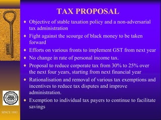 TAX PROPOSAL
♦ Objective of stable taxation policy and a non-adversarial
tax administration
♦ Fight against the scourge of black money to be taken
forward
♦ Efforts on various fronts to implement GST from next year
♦ No change in rate of personal income tax.
♦ Proposal to reduce corporate tax from 30% to 25% over
the next four years, starting from next financial year
♦ Rationalisation and removal of various tax exemptions and
incentives to reduce tax disputes and improve
administration.
♦ Exemption to individual tax payers to continue to facilitate
savings
SINCE 1881
 