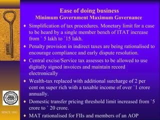 Ease of doing business
Minimum Government Maximum Governance
♦ Simplification of tax procedures. Monetary limit for a case
to be heard by a single member bench of ITAT increase
from ` 5 lakh to `15 lakh.
♦ Penalty provision in indirect taxes are being rationalised to
encourage compliance and early dispute resolution.
♦ Central excise/Service tax assesses to be allowed to use
digitally signed invoices and maintain record
electronically
♦ Wealth-tax replaced with additional surcharge of 2 per
cent on super rich with a taxable income of over `1 crore
annually.
♦ Domestic transfer pricing threshold limit increased from `5
crore to ` 20 crore.
♦ MAT rationalised for FIIs and members of an AOP
SINCE 1881
 