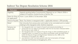 Indirect Tax Dispute Resolution Scheme 2016
Particulars Details
Eligibility Appeals pending before Commissioner (Appeals) as on 1 March 2016 in
respect of Customs, Central Excise or Service Tax
Dates for filing of
an application
From 1 June 2016 to 31 December 2016
Amount Payable Basic Tax/duties in impugned order + applicable interest + 25% penalty
Relief Get immunity from prosecution and matter to be concluded and no matter
relating to the impugned order shall be reopened
Scheme not
applicable
• the impugned order is in respect of search and seizure proceeding; or
• prosecution for any offence punishable under the Act has been instituted before
the 1st day of June, 2016; or
• the impugned order is in respect of narcotic drugs or other prohibited goods; or
• impugned order is in respect of any offence punishable under the Indian Penal
Code, the Narcotic Drugs and Psychotropic Substances Act, 1985 or the
Prevention of Corruption Act, 1988; or
• any detention order has been passed under the Conservation of Foreign
Exchange and Prevention of Smuggling Act, 1974.
 