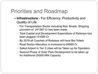Priorities and Roadmap
 Infrastructure:- For Efficiency, Productivity and
Quality of Life
 For Transportation Sector including Rail, Roads, Shipping
provision of 241387 Cr has been made
 Total Capital and Development Expenditure of Railways has
been pegged 131000 Cr
 By 2019 all Coaches of Railways will have Bio-Toilets
 Road Sector Allocation is increased to 64900 Cr
 Select Airport in Tier 2 cities will be Taken up for Operation
 Second Phase of Solar Park Development to be taken up
for Additional 20000 MW Capacity
 