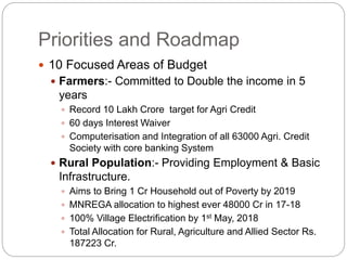 Priorities and Roadmap
 10 Focused Areas of Budget
 Farmers:- Committed to Double the income in 5
years
 Record 10 Lakh Crore target for Agri Credit
 60 days Interest Waiver
 Computerisation and Integration of all 63000 Agri. Credit
Society with core banking System
 Rural Population:- Providing Employment & Basic
Infrastructure.
 Aims to Bring 1 Cr Household out of Poverty by 2019
 MNREGA allocation to highest ever 48000 Cr in 17-18
 100% Village Electrification by 1st May, 2018
 Total Allocation for Rural, Agriculture and Allied Sector Rs.
187223 Cr.
 