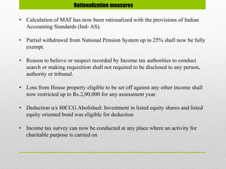 Rationalization measures
• Calculation of MAT has now been rationalized with the provisions of Indian
Accounting Standards (Ind- AS).
• Partial withdrawal from National Pension System up to 25% shall now be fully
exempt.
• Reason to believe or suspect recorded by Income tax authorities to conduct
search or making requisition shall not required to be disclosed to any person,
authority or tribunal.
• Loss from House property eligible to be set off against any other income shall
now restricted up to Rs.2,00,000 for any assessment year.
• Deduction u/s 80CCG Abolished: Investment in listed equity shares and listed
equity oriented bond was eligible for deduction
• Income tax survey can now be conducted at any place where an activity for
charitable purpose is carried on
 