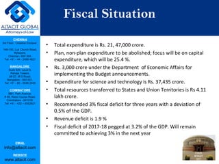 CHENNAI
3rd Floor, ‘Creative Enclave’,
148-150, Luz Church Road,
Mylapore,
Chennai - 600 004.
Tel: +91 - 44 - 2498 4821
BANGALORE
Suite 920, Level 9,
Raheja Towers,
26-27, M G Road,
Bangalore - 560 001.
Tel: +91 - 80 - 6546 2400
COIMBATORE
BB1, Park Avenue,
# 48, Race Course Road,
Coimbatore - 641018.
Tel: +91 - 422 – 6552921
EMAIL
info@altacit.com
WEBSITE
www.altacit.com
Fiscal Situation
• Total expenditure is Rs. 21, 47,000 crore.
• Plan, non-plan expenditure to be abolished; focus will be on capital
expenditure, which will be 25.4 %.
• Rs. 3,000 crore under the Department of Economic Affairs for
implementing the Budget announcements.
• Expenditure for science and technology is Rs. 37,435 crore.
• Total resources transferred to States and Union Territories is Rs 4.11
lakh crore.
• Recommended 3% fiscal deficit for three years with a deviation of
0.5% of the GDP.
• Revenue deficit is 1.9 %
• Fiscal deficit of 2017-18 pegged at 3.2% of the GDP. Will remain
committed to achieving 3% in the next year
 