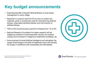 ©2019 Grant Thornton India LLP. All rights reserved.
Key budget announcements
108
• Extending benefits of Swachh Bharat Mission to solid waste
management in every village
• Reduction in customs duty from 5% to zero on certain raw
materials, parts or accessories used for manufacturing artificial
kidneys, disposable sterilised dialyser and micro-barrier of
artificial kidneys
• TDS on life insurance policy payment increased from 1% to 5%
• National Research Foundation for higher research will aid
indigenous research in pharmaceutical industry, bio-medical
industry and innovation in indigenous treatments modalities, etc.
• Announcement to boost Artificial Intelligence will strengthen the
usage of technology in the field of healthcare and it will intensify
the quality in healthcare with accessibility and affordability
 