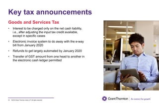 ©2019 Grant Thornton India LLP. All rights reserved.
Key tax announcements
11
• Interest to be charged only on the net cash liability,
i.e., after adjusting the input tax credit available,
except in specific cases
• Electronic invoice system to do away with the e-way
bill from January 2020
• Refunds to get largely automated by January 2020
• Transfer of GST amount from one head to another in
the electronic cash ledger permitted
Goods and Services Tax
 