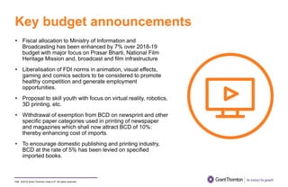 ©2019 Grant Thornton India LLP. All rights reserved.
Key budget announcements
114
• Fiscal allocation to Ministry of Information and
Broadcasting has been enhanced by 7% over 2018-19
budget with major focus on Prasar Bharti, National Film
Heritage Mission and, broadcast and film infrastructure
• Liberalisation of FDI norms in animation, visual effects,
gaming and comics sectors to be considered to promote
healthy competition and generate employment
opportunities.
• Proposal to skill youth with focus on virtual reality, robotics,
3D printing, etc.
• Withdrawal of exemption from BCD on newsprint and other
specific paper categories used in printing of newspaper
and magazines which shall now attract BCD of 10%:
thereby enhancing cost of imports.
• To encourage domestic publishing and printing industry,
BCD at the rate of 5% has been levied on specified
imported books.
 