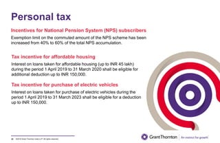 ©2019 Grant Thornton India LLP. All rights reserved.
Personal tax
22
Incentives for National Pension System (NPS) subscribers
Exemption limit on the commuted amount of the NPS scheme has been
increased from 40% to 60% of the total NPS accumulation.
Tax incentive for affordable housing
Interest on loans taken for affordable housing (up to INR 45 lakh)
during the period 1 April 2019 to 31 March 2020 shall be eligible for
additional deduction up to INR 150,000.
Tax incentive for purchase of electric vehicles
Interest on loans taken for purchase of electric vehicles during the
period 1 April 2019 to 31 March 2023 shall be eligible for a deduction
up to INR 150,000.
 