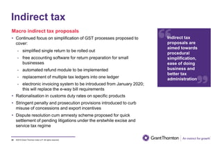 ©2019 Grant Thornton India LLP. All rights reserved.
Indirect tax
Macro indirect tax proposals
• Continued focus on simplification of GST processes proposed to
cover:
- simplified single return to be rolled out
- free accounting software for return preparation for small
businesses
- automated refund module to be implemented
- replacement of multiple tax ledgers into one ledger
- electronic invoicing system to be introduced from January 2020;
this will replace the e-way bill requirements
• Rationalisation in customs duty rates on specific products
• Stringent penalty and prosecution provisions introduced to curb
misuse of concessions and export incentives
• Dispute resolution cum amnesty scheme proposed for quick
settlement of pending litigations under the erstwhile excise and
service tax regime
35
Indirect tax
proposals are
aimed towards
procedural
simplification,
ease of doing
business and
better tax
administration
 
