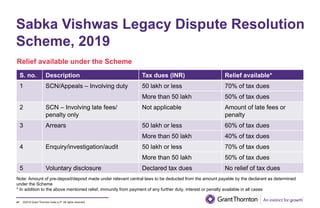 ©2019 Grant Thornton India LLP. All rights reserved.41
Relief available under the Scheme
S. no. Description Tax dues (INR) Relief available*
1 SCN/Appeals – Involving duty 50 lakh or less 70% of tax dues
More than 50 lakh 50% of tax dues
2 SCN – Involving late fees/
penalty only
Not applicable Amount of late fees or
penalty
3 Arrears 50 lakh or less 60% of tax dues
More than 50 lakh 40% of tax dues
4 Enquiry/investigation/audit 50 lakh or less 70% of tax dues
More than 50 lakh 50% of tax dues
5 Voluntary disclosure Declared tax dues No relief of tax dues
Note: Amount of pre-deposit/deposit made under relevant central laws to be deducted from the amount payable by the declarant as determined
under the Scheme
* In addition to the above mentioned relief, immunity from payment of any further duty, interest or penalty available in all cases
Sabka Vishwas Legacy Dispute Resolution
Scheme, 2019
 