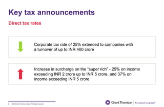 ©2019 Grant Thornton India LLP. All rights reserved.
Key tax announcements
6
Corporate tax rate of 25% extended to companies with
a turnover of up to INR 400 crore
Increase in surcharge on the “super rich” - 25% on income
exceeding INR 2 crore up to INR 5 crore, and 37% on
income exceeding INR 5 crore
Direct tax rates
 